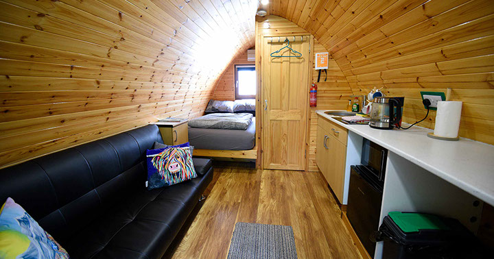 Our self catering Pods contain comfortable double bed en suite shower room comfortable seat and WIFI internet
