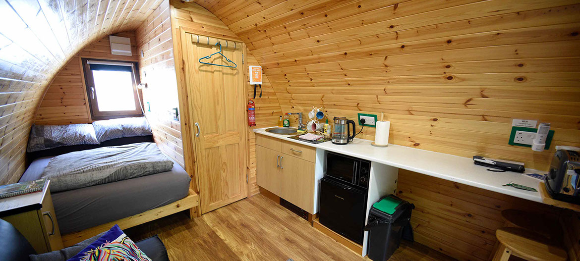 Our self catering pods in Dunvegan contain modern facilities such as double bed microwave fridge and hob