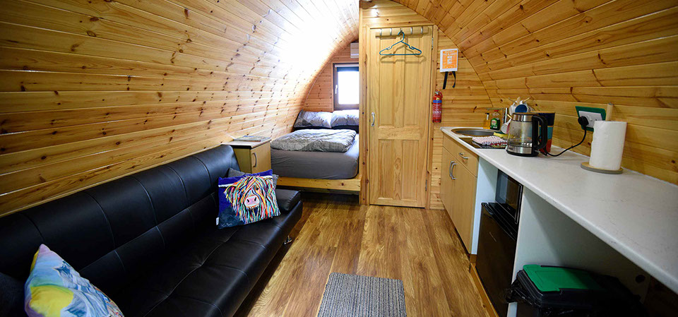 Dunvegan Camping Pods contain excellent facilities such as double bed WIFI voach hob fridge and microwave