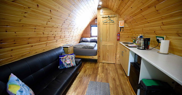 Dunvegan Camping Pods contain excellent facilities such as double bed WIFI voach hob fridge and microwave