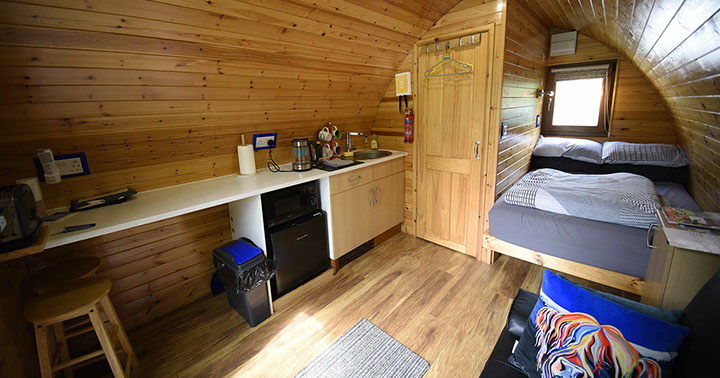 Our self catering Pods offer modern facilities including double bed with all bedding and linen provided
